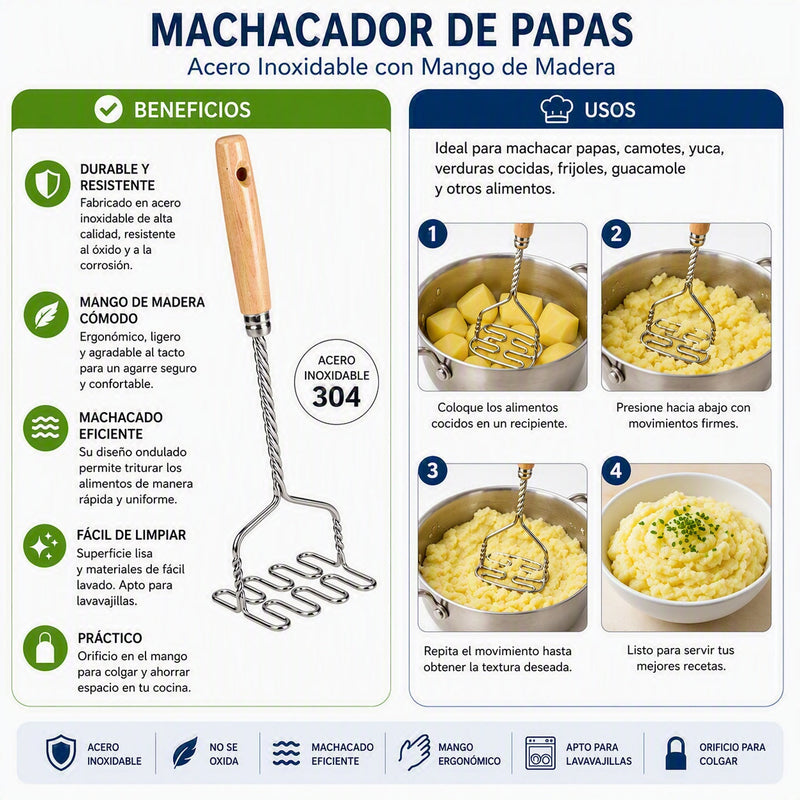 Machacador de papas con mango de madera